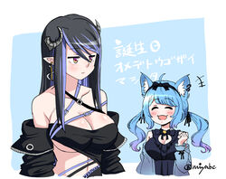  +++ 2girls ahoge animal_ear_fluff animal_ear_piercing animal_ears bandeau belt black_bandeau black_bow black_bowtie black_dress black_hair black_jacket blue_belt blue_hair blue_jacket blush bow bowtie breasts brown_eyes chest_belt cleavage cleavage_cutout closed_eyes closed_mouth clothing_cutout commentary_request curled_horns demon_girl demon_horns dog_ears dress earrings expressionless grey_horns hair_between_eyes hairbow hebiyoi_tier hebiyoi_tier_(1st_costume) horns jacket jewelry large_breasts long_bangs long_hair long_sleeves looking_to_the_side low_twintails medium_bangs miyabe_makoto multicolored_hair multiple_girls nanashi_inc. off_shoulder open_clothes open_jacket open_mouth pointy_ears sidelocks sleeveless sleeveless_dress smile souya_ichika souya_ichika_(6th_costume) translation_request twintails two-tone_background two-tone_hair upper_body virtual_youtuber white_background 