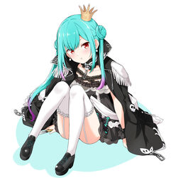  absurdres aqua_hair black_dress black_footwear black_jacket chains colored_shadow commentary_request crown double_bun dress epaulettes felutiahime female frilled_dress frilled_thighhighs frills full_body garter_straps gradient_hair hair_bun highres hololive jacket jacket_on_shoulders knees_up long_hair looking_at_viewer mini_crown multicolored_hair official_alternate_costume pink_hair red_eyes shadow shoes sitting solo thighhighs tilted_headwear uruha_rushia uruha_rushia_(3rd_costume) very_long_hair virtual_youtuber white_background white_thighhighs 