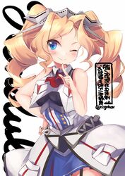  blonde_hair blue_eyes breasts character_name cowboy_shot crop_top dress drill_hair female headgear honolulu_(kancolle) honolulu_kai_(kancolle) kantai_collection large_breasts long_hair looking_at_viewer military military_uniform n:go one-hour_drawing_challenge one_eye_closed overskirt pleated_dress sleeveless smile solo twin_drills twintails uniform 