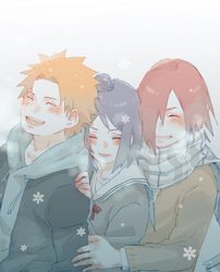  2boys alternate_costume blush breath closed_eyes commentary_request female group_hug hair_bun happy highres hood hood_down hoodie hug konan_(naruto) long_sleeves meitarou multiple_boys nagato_(naruto) naruto_(series) naruto_shippuuden orange_hair purple_hair red_hair scarf school_uniform short_hair single_hair_bun smile snowflakes winter winter_clothes yahiko_(naruto) 