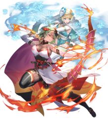  2girls arrow_(projectile) blonde_hair blue_eyes bow_(weapon) breasts capelet cuboon dark-skinned_female dark_skin elbow_gloves fire fire_emblem fire_emblem_heroes fishnets fjorm_(fire_emblem) fjorm_(ninja)_(fire_emblem) full_body gloves gradient_clothes gradient_hair grey_hair highres holding holding_weapon japanese_clothes kodachi kunai laegjarn_(fire_emblem) laegjarn_(ninja)_(fire_emblem) leg_up looking_away mask mask_on_head multicolored_hair multiple_girls ninja non-web_source obi official_alternate_costume official_art open_mouth orange_hair parted_lips red_eyes sandals sash sheath sheathed shiny_clothes short_hair short_sword sleeveless smile snowflakes sword tabi thighhighs transparent_background two-tone_hair weapon 