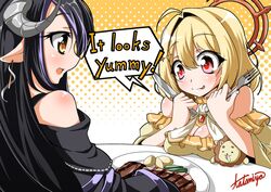  2girls :p ahoge black_hair black_jacket blonde_hair bow bowtie breasts cleavage collar curled_horns demon_girl demon_horns detached_collar dress english_text food fork frilled_collar frilled_dress frills grey_horns hair_between_eyes hair_intakes halftone halftone_background halo hebiyoi_tier hebiyoi_tier_(1st_costume) highres hinata_mashu holding holding_fork holding_knife horns jacket knife large_breasts long_hair long_sleeves multicolored_hair multiple_girls nanashi_inc. off-shoulder_dress off_shoulder orange_background plate pointy_ears potato purple_hair red_eyes short_hair sidelocks split_mouth steak stuffed_animal stuffed_lion stuffed_toy tatamiya tongue tongue_out two-tone_hair virtual_youtuber white_bow white_bowtie yellow_collar yellow_dress yellow_eyes 