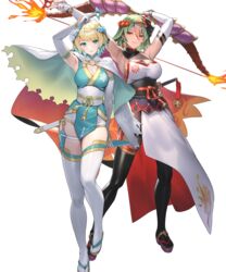  2girls armpits arms_up bell blonde_hair blue_eyes bow_(weapon) breasts cape capelet cleavage closed_mouth cuboon dark-skinned_female dark_skin elbow_gloves fire fire_emblem fire_emblem_heroes fishnets fjorm_(fire_emblem) fjorm_(ninja)_(fire_emblem) full_body gloves gradient_clothes gradient_hair grey_hair head_tilt highres holding holding_weapon japanese_clothes jingle_bell kodachi kunai laegjarn_(fire_emblem) laegjarn_(ninja)_(fire_emblem) lips looking_at_viewer mask mask_on_head medium_breasts multicolored_hair multiple_girls ninja non-web_source obi official_alternate_costume official_art orange_hair red_eyes sandals sash sheath sheathed shiny_clothes short_hair short_sword shuriken sideboob sleeveless smile sword tabi thighhighs transparent_background two-tone_hair weapon 