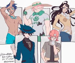  4boys arm_up black_shirt blue_hair blue_headwear blue_jacket brown_headwear buttons closed_mouth commentary_request crop_top dahlia_(pokemon) female floating_hair freckles gloves goggles goggles_around_neck green_eyes hand_up hat helmet jacket long_hair marlon_(pokemon) milo_(pokemon) multiple_boys navel p-40_(tukinosita-de) pants pink_hair pokemon pokemon_bw2 pokemon_dppt pokemon_platinum pokemon_swsh ribbed_shirt riley_(pokemon) roark_(pokemon) shirt short_sleeves smile sun_hat tan tanlines topless_male yellow_shirt 