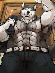  abs absurd_res anthro armpit_tuft belt biceps black_nose blue_eyes bottomwear canid canine canis cinna-tree clothed clothing domestic_dog fur grey_body grey_fur hi_res holding_object husky male mammal muscular muscular_anthro muscular_male nordic_sled_dog one_eye_closed pants pecs raised_arm sharp_teeth smile solo spitz teeth topless white_body white_fur wink wolf 