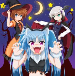  3girls :p animal_ears aqua_eyes bat_wings black_cape black_hair black_headwear black_shirt black_wings blue_eyes blue_hair blue_vest blush bow bowtie brown_hair cape cape_lift cat_ears claw_pose commentary_request crescent_moon dress dress_shirt facial_mark fake_animal_ears fangs fingernails frilled_dress frills fur_collar fur_cuffs grey_hair hair_ornament halloween halloween_costume hand_on_own_hip hat head_wings highres levi_the_slasher lifting_own_clothes long_hair long_sleeves looking_at_viewer lord_dearche lyrical_nanoha mahou_shoujo_lyrical_nanoha mahou_shoujo_lyrical_nanoha_a&#039;s mahou_shoujo_lyrical_nanoha_a&#039;s_portable:_the_battle_of_aces medium_dress moon multicolored_hair multiple_girls night night_sky open_mouth orange_dress oshimaru026 puffy_short_sleeves puffy_sleeves purple_eyes red_bow red_bowtie red_cape sharp_fingernails shirt short_hair short_sleeves sidelocks sky sleeveless sleeveless_shirt smile standing star_(sky) star_(symbol) starry_moon starry_sky stern_the_destructor tongue tongue_out torn_clothes torn_shirt twintails two-sided_cape two-sided_fabric two-tone_hair v-shaped_eyebrows vest whisker_markings white_shirt wings witch_hat x_hair_ornament 