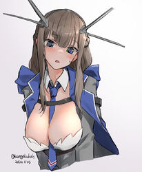  between_breasts blue_bow blue_eyes blue_necktie bow breasts capelet cleavage dress female grey_capelet grey_hair headgear highres kangoku_kou kantai_collection large_breasts long_hair looking_at_viewer low_twintails maryland_(kancolle) necktie necktie_between_breasts one-hour_drawing_challenge radio_antenna shirt simple_background solo strapless strapless_dress twintails upper_body white_background white_shirt 