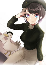  absurdres alternate_costume ascot beret bird black_hair blue_eyes breasts commission duck female ginga_eiyuu_densetsu green_shirt hand_up hat highres hiroikara_(smhong04) hololive long_sleeves looking_at_viewer multicolored_eyes oozora_subaru pants pixiv_commission purple_eyes salute shirt short_hair sitting solo split_mouth swept_bangs thigh_gap virtual_youtuber white_background white_pants 