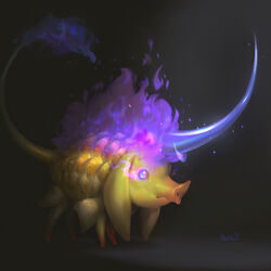  1:1 2021 4_legs ambiguous_gender armor black_background colored_fire digital_media_(artwork) feet feral fire flaming_eyes flaming_tail glowing glowing_eyes horn kuroi-kisin kuroi21 long_ears pig_nose purple_eyes purple_fire purple_horn purple_text red_feet scales shadow signature simple_background solo sparkles standing tail text translucent translucent_horn yellow_body yellow_scales 