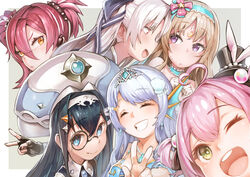  6+girls absurdres ahoge artia black_hair black_nails blonde_hair blue_eyes blue_hairband breasts civia closed_eyes commentary_request commission crescent doris_(hololive) everyone fingerless_gloves fins gloves green_eyes hair_behind_ear hairband heart heart_ahoge highres hololive hololive_china horns kousaku looking_back medium_breasts monocle multiple_girls one_eye_closed open_mouth phoenix_crown pink_eyes pink_hair pixiv_commission red_eyes red_hair rosalyn_(hololive) single_horn spade_echo tiara twintails unicorn_girl v virtual_youtuber white_hair yogiri_(hololive) 