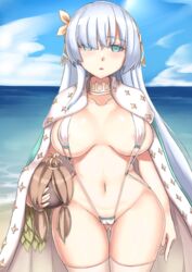  alternate_costume anastasia_(fate) aqua_eyes blue_cloak breasts cameltoe cloak covered_nipples cowboy_shot doll fate/grand_order fate_(series) female grey_hair hair_over_one_eye highres holding holding_doll large_breasts long_hair navel royal_robe slingshot_swimsuit solo swimsuit thighhighs vereshhagin very_long_hair viy_(fate) white_slingshot_swimsuit white_thighhighs 