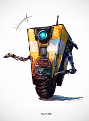  artist_name borderlands_(series) claptrap glowing grey_background k-suwabe no_humans non-humanoid_robot realistic robot science_fiction simple_background solo standing tire 