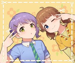  2girls :o ahoge asymmetrical_bangs blue_eyes blue_shirt brown_hair checkered_necktie cut_cut_cut dot_nose dress english_commentary flat_chest floral_background floral_print flower green_necktie hair_flower hair_ornament hairclip hand_up idolmaster idolmaster_million_live! idolmaster_million_live!_theater_days kamille_(vcx68) light_blush looking_at_viewer low_twintails makabe_mizuki multiple_girls necktie official_alternate_hairstyle one_eye_closed orange_background print_dress purple_hair scissors shirt short_hair short_sleeves short_twintails smile suou_momoko thick_eyebrows twintails upper_body v wing_collar yellow_dress yellow_eyes 