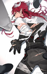  1boy arknights ass ass_peek bandaged_arm bandages bara black_shirt blood cuts demon_horns facial_hair feet_out_of_frame from_above highres hoederer_(arknights) horns injury long_hair looking_at_viewer looking_back lying magicxbai male_focus muscular muscular_male on_stomach pointy_ears pov red_hair shirt solo_focus stubble thick_eyebrows 