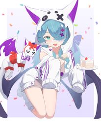  absurdres adapted_costume black_sclera blue_eyes blue_hair bow cake clothing_cutout colored_sclera dragon dragon_hood elira_pendora extra_eyes female food fruit grey_shirt happy_birthday highres holding holding_plate jacket klaius long_hair long_shirt low_wings nijisanji nijisanji_en one_eye_covered pikl_(elira_pendora) plate red_bow shirt shoulder_cutout smile solo strawberry virtual_youtuber white_eyes white_jacket wings 