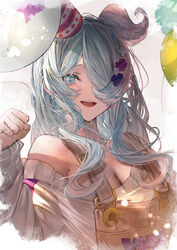  :d absurdres balloon betabeet birthday blue_eyes breasts cleavage clenched_hand commentary elira_pendora elira_pendora_(1st_costume) female grey_overalls hair_ornament hair_over_one_eye hat highres light_blush long_hair long_sleeves looking_at_viewer mole multicolored_hair nijisanji nijisanji_en off-shoulder_shirt off_shoulder one_eye_covered open_mouth overalls party_hat shirt smile solo two-tone_hair upper_body virtual_youtuber white_shirt 