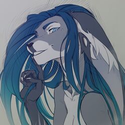  anthro blue_eyes blue_hair breasts digital_media_(artwork) ear_piercing eyebrows eyelashes female flesh_tunnel fur gauged_ear grey_body grey_fur hair orphen-sirius piercing smile solo 