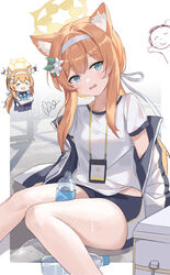  animal_ear_fluff animal_ears blue_archive blue_eyes blush bottle doodle_sensei_(blue_archive) female flower gym_shorts gym_uniform hair_flower hair_ornament hair_ribbon hairband halo highres holding holding_bottle id_card jacket long_hair looking_at_viewer mari_(blue_archive) mari_(track)_(blue_archive) multicolored_clothes multicolored_jacket official_alternate_costume open_clothes open_jacket open_mouth orange_hair ribbon sensei_(blue_archive) serika shorts simple_background track_jacket track_suit two-tone_jacket water_bottle white_bag white_hairband yellow_halo 