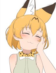  :3 animal_ears blonde_hair bow bowtie chis_(js60216) closed_mouth commentary facing_viewer female female_pov hand_on_another&#039;s_face head_tilt kemono_friends motion_lines pov print_bow print_bowtie serval_(kemono_friends) serval_print shirt short_hair simple_background sleeveless sleeveless_shirt smile textless_version traditional_bowtie two-tone_bowtie white_background white_bow white_bowtie white_shirt yellow_bow yellow_bowtie 