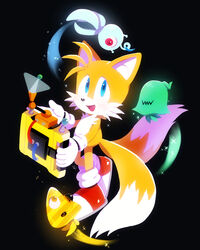  1boy animal_nose black_background blue_eyes body_fur creature fox_boy full_body furry furry_male gloves holding male_focus misuta710 multiple_tails shoes simple_background sonic_(series) sonic_colors standing tail tails_(sonic) two_tails uno_yuuji_(style) white_gloves wisp_(sonic) 