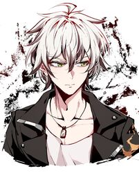  1boy aer007580 black_jacket closed_mouth dog_tags green_eyes highres honkai_(series) honkai_impact_3rd jacket kalpas_(honkai_impact) male_focus no_mask shirt short_hair solo upper_body v-shaped_eyebrows white_background white_hair white_shirt 