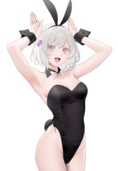  :d albino animal_ears armpits arms_up bare_shoulders black_bow black_bowtie black_leotard black_wrist_cuffs blush bow bowtie breasts buttons collar commentary cowboy_shot detached_collar female fish_hair_ornament groin hair_between_eyes hair_ornament highleg highleg_leotard highres leotard looking_at_viewer medium_breasts nacchan_(ohisashiburi) ohisashiburi open_mouth original pink_eyes playboy_bunny rabbit_ears rabbit_tail short_hair side-tie_leotard simple_background smile solo strapless strapless_leotard tail white_background white_bow white_bowtie wrist_cuffs 