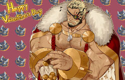  animal_ears balor_(housamo) bara beard black_hair blonde_hair chest_hair chocolate commentary cuffs dog_tags eyepatch facial_hair flaming_eye furry furry_male gomtang green_eyes jaguar_boy jaguar_ears large_pectorals male_focus mature_male multicolored_hair muscular muscular_male pectorals scar shackles short_hair solo tezcatlipoca_(housamo) thick_eyebrows tokyo_afterschool_summoners tusks two-tone_hair valentine 