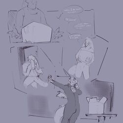  1:1 anthro arm_tattoo ass bed big_butt big_ears biped black_body black_eyes black_fur box canid canine canis chat chat_box claws clothing container coyote dialogue dragon dripping duo ear_piercing finger_claws flirting fur furniture furred_dragon furred_scalie grey_body grey_fur grey_highlights gryn_vs heart_symbol hi_res highlights_(coloring) holding_object horn hybrid inside latex latex_clothing latex_skinsuit leg_tattoo male mammal mythological_creature mythological_scalie mythology open_mouth piercing potion potion_bottle purple_body purple_eyes purple_fur reez rubber_clothing scalie skinsuit smile smirk streaming tail tattoo text thick_thighs tight_clothing white_body white_fur wolf 