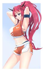  absurdres alternate_costume blue_eyes female gym_shorts heterochromia highres hololive hololive_english horns irys_(hololive) long_hair multicolored_hair pointy_ears ponytail purple_eyes purple_hair red_hair shorts solo the_raineman tying_hair very_long_hair virtual_youtuber 