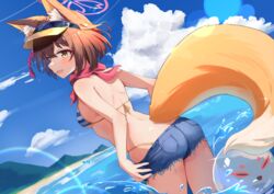  :d absurdres animal_ear_fluff animal_ears ass back bare_shoulders beach bikini blue_archive blue_sky blush breasts brown_hair cloud commentary cutoffs day denim denim_shorts female fox_ears fox_girl fox_tail from_behind hair_ornament halo highleg highleg_bikini highres izuna_(blue_archive) izuna_(swimsuit)_(blue_archive) kuroliu_9021 looking_at_viewer looking_back micro_shorts official_alternate_costume open_mouth outdoors pink_halo pink_scarf pom_pom_(clothes) pom_pom_hair_ornament red_scarf scarf short_hair shorts sky smile solo standing striped_bikini striped_clothes swimsuit tail visor_cap wading water yellow_eyes 