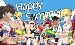  3boys 4girls abs ahoge alternate_costume bandaged_arm bandages bikini black_hairband blonde_hair blue_eyes blue_hair blunt_ends breasts broken_halo brown_hair cleavage clover colored_inner_hair dark-skinned_female dark_skin dizzy_(guilty_gear) dress ebi_pri_shrimp elphelt_valentine eyepatch family father-in-law_and_son-in-law father_and_daughter father_and_son four-leaf_clover frilled_bikini frills grandfather_and_grandson guilty_gear guilty_gear_strive guilty_gear_xrd gun hair_between_eyes hair_ribbon hair_rings hairband halo heart heart-shaped_eyewear highres holding holding_gun holding_weapon huge_ahoge husband_and_wife jack-o&#039;_valentine ky_kiske large_breasts long_hair looking_at_viewer mature_female medium_breasts messy_hair mother_and_son multicolored_hair multiple_boys multiple_girls muscular muscular_male navel orange_eyes ramlethal_valentine red_eyes red_hair ribbon short_hair short_shorts shorts sin_kiske smile sol_badguy spiked_halo summer sunglasses swimsuit two-tone_hair very_long_hair weapon white_bikini white_dress white_hair white_headwear white_shorts yellow_ribbon 