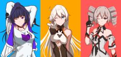  3girls absurdres antenna_hair arms_behind_head bare_shoulders black_gloves blue_background blue_eyes bronya_zaychik bronya_zaychik_(drive_kometa) bronya_zaychik_(yamabuki_armor) closed_mouth defaultkavy gloves grey_eyes grey_hair hair_between_eyes highres honkai_(series) honkai_impact_3rd index_finger_raised jacket kiana_kaslana kiana_kaslana_(void_drifter) long_hair looking_at_viewer multiple_girls one_eye_closed pointing pointing_at_viewer ponytail purple_eyes purple_hair raiden_mei raiden_mei_(striker_fulminata) red_background shirt simple_background smile two-tone_gloves white_hair white_jacket white_shirt yellow_background 