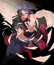  akatsuki_uniform black_background dynamic_pose female fighting_stance flower flying hair_flower hair_ornament highres konan_(naruto) naruto_(series) naruto_shippuuden origami paper purple_hair short_hair solo white_wings wings zifletts 