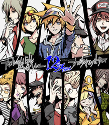  5girls 6+boys age_difference aged_up alternate_costume animal_hood atarashi_coco bandana beanie bitou_daisukenojou bitou_raimu black_hair blonde_hair blue_eyes brown_hair collage commentary_request copyright_name earrings eme_(204) formal glasses grey_hair hair_dye hat higashizawa_yodai highres hood hoodie jewelry kariya_koki kiryuu_yoshiya kitaniji_megumi konishi_mitsuki long_hair minamimoto_shou misaki_shiki multiple_boys multiple_girls nail_polish necktie one_eye_closed orange_hair purple_hair red_hair sakuraba_neku shirt short_hair skull smile smug spiked_hair subarashiki_kono_sekai suit sunglasses t-shirt yashiro_uzuki 