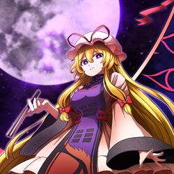  blonde_hair bow breasts closed_mouth dress female from_below gap_(touhou) hair_between_eyes hairbow hand_fan hand_up hat hat_bow holding holding_fan holding_umbrella hoshii_1213 long_hair long_sleeves looking_at_viewer medium_breasts mob_cap moon night night_sky pink_dress pink_sleeves purple_eyes purple_moon purple_sky purple_vest red_bow sky smile solo star_(sky) starry_sky touhou umbrella vest white_hat wide_sleeves yakumo_yukari 