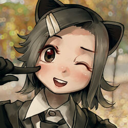  ;d animal_ears beaver_ears blush brown_eyes brown_gloves brown_hair brown_necktie close-up collared_shirt commentary eurasian_beaver_(kemono_friends) female finger_to_cheek gloves grey_hair hair_ornament hairclip kemono_friends multicolored_hair necktie one_eye_closed open_mouth shirt short_hair smile solo welt_(kinsei_koutenkyoku) white_shirt 