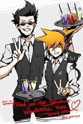  2boys black_hair closed_eyes commentary_request drink eme_(204) facial_hair glasses hanekoma_sanae happy headphones height_difference male_focus multiple_boys nyantan orange_hair sakuraba_neku serving shirt short_hair sleeves_rolled_up smile spiked_hair stuffed_animal stuffed_toy subarashiki_kono_sekai sunglasses tray v vest waiter 