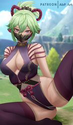  abpart artist_name ass breasts cleavage cleavage_cutout clothing_cutout female genshin_impact green_hair halterneck highres kuki_shinobu large_breasts leotard mask mouth_mask ninja ninja_mask outdoors patreon_username purple_eyes solo spread_legs thighhighs thighs 