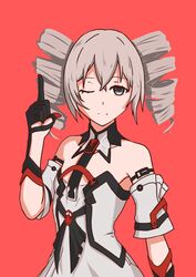  absurdres bare_shoulders black_gloves bronya_zaychik bronya_zaychik_(drive_kometa) bronya_zaychik_(yamabuki_armor) closed_mouth defaultkavy drill_hair female gloves grey_eyes grey_hair hair_between_eyes highres honkai_(series) honkai_impact_3rd index_finger_raised looking_at_viewer one_eye_closed red_background simple_background smile solo twin_drills 