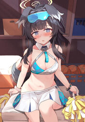  animal_ears ball bangle bare_arms bare_shoulders basketball_(object) black_hair blue_archive blue_eyes blush bracelet breasts breath cheerleader clothes_pull crop_top dog_ears dog_girl dog_tail eyewear_on_head facial_mark female goggles goggles_on_head groin gym_storeroom halo heavy_breathing hibiki_(blue_archive) hibiki_(cheer_squad)_(blue_archive) highres holding holding_pom_poms jewelry kuroliu_9021 long_hair looking_at_viewer millennium_cheerleader_outfit_(blue_archive) miniskirt navel official_alternate_costume open_mouth pom_pom_(cheerleading) sitting skirt skirt_pull solo star_(symbol) star_facial_mark star_sticker sticker_on_arm sticker_on_face sweat tail text_print vaulting_horse white_skirt yellow_halo 