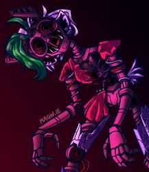  2023 animatronic anthro blind broken_clothing canid canine canis claws colored digital_media_(artwork) endoskeleton exposed_endoskeleton fangs female five_nights_at_freddy&#039;s five_nights_at_freddy&#039;s:_security_breach_ruin green_highlights hair hi_res highlights_(coloring) joints machine magw.ie mammal metallic_body robot ruined_roxanne_wolf_(fnaf) scottgames signature simple_background solo steel_wool_studios teeth white_hair wire wolf 