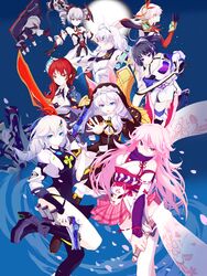  6+girls absurdres alternate_color animal_ears antenna_hair aqua_gemstone asymmetrical_gloves asymmetrical_legwear bare_shoulders black_gloves blue_eyes blue_jacket braid braided_ponytail bronya_zaychik bronya_zaychik_(drive_kometa) bronya_zaychik_(yamabuki_armor) china_dress chinese_clothes chinese_commentary cleavage_cutout clothing_cutout cross_(weapon) detached_sleeves dress drill_hair dual_wielding elbow_gloves fox_ears fox_mask fu_hua fu_hua_(phoenix) full_moon gloves gradient_hair grey_eyes grey_hair gun hair_between_eyes hair_ornament hairpin handgun highres holding holding_gun holding_sword holding_weapon honkai_(series) honkai_impact_3rd jacket kallen_kaslana kallen_kaslana_(ritual_imayoh) katana kiana_kaslana kiana_kaslana_(knight_moonbeam) long_hair long_sleeves looking_at_viewer looking_to_the_side low-tied_long_hair low_ponytail mask mismatched_gloves moon multicolored_hair multiple_girls murata_himeko murata_himeko_(arctic_kriegsmesser) night night_sky nun oath_of_judah petals pink_skirt ponytail project_bunny purple_eyes purple_hair raiden_mei raiden_mei_(striker_fulminata) red_eyes red_gloves red_hair red_rope revolver rope shirt side_ponytail skirt sky sleeveless sleeveless_dress streaked_hair sword taut_clothes taut_dress theresa_apocalypse theresa_apocalypse_(valkyrie_pledge) thighhighs turquoise_(gemstone) twin_braids twin_drills uneven_legwear weapon white_dress white_hair white_jacket white_legwear white_shirt yae_sakura yae_sakura_(gyakushinn_miko) yellow_eyes ziziyi 