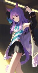  animal_ears aqua_bow armpits arms_up black_jacket black_skirt bow commentary ear_bow feet_out_of_frame female frilled_jacket frills highres horse_ears horse_girl horse_tail jacket looking_at_viewer mejiro_mcqueen_(umamusume) midriff_peek ningen_gokko open_clothes open_jacket pleated_skirt purple_eyes purple_hair shirt skirt sleeveless sleeveless_shirt solo striped_clothes striped_shirt tail umamusume 