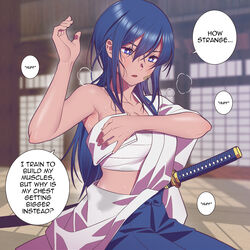  andrian_januar_adilia arm_up armpit_crease bandaid bandaid_on_face blue_eyes blue_hair blue_skirt blurry blurry_background breasts chest_sarashi cleavage collarbone covering_breasts covering_privates english_commentary english_text female hair_between_eyes hakama hakama_skirt highres indoors japanese_clothes katana long_hair messy_hair open_mouth original sarashi sidelocks skirt solo speech_bubble steam sweat sweat_stain sword upper_body weapon wiping_sweat 