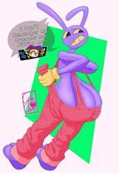  anthro ass big_butt butt_focus censored_text comical crazybluedog.exe_(artist) dialogue duo english_text glitch_productions grawlixes hi_res humanoid jax_(tadc) lagomorph leporid male mammal pomni_(tadc) purple_body rabbit solo_focus speech_bubble suspenders suspension text the_amazing_digital_circus wide_hips 