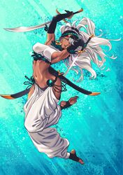  aqua_background armpits arms_up artist_request black_headband chains cross dark-skinned_female dark_skin dual_wielding earrings female full_body gold_earrings hair_ornament headband highres holding holding_sword holding_weapon hoop_earrings jewelry latin_cross long_hair looking_at_viewer navel non-web_source one-punch_man open_mouth scimitar solo source_request star_(symbol) star_hair_ornament sword teeth upper_teeth_only weapon white_hair yuta_(one-punch_man) 