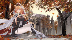  absurdres animal_ears antlers antlers_through_hood architecture arknights arm_support armor autumn_leaves black_dress blonde_hair blue_eyes breasts cloak commentary deer_antlers deer_ears deer_girl dress ears_through_hood english_commentary female full_body greaves hand_up high_heels highres hongbaise_raw hood hooded_cloak horns large_breasts leaf_pile long_hair looking_at_viewer outdoors pantyhose paper parted_lips stairs tree twisted_torso viviana_(arknights) wavy_hair white_cloak white_pantyhose 