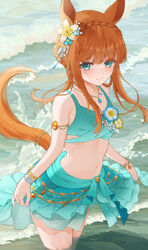  animal_ears aqua_bikini aqua_eyes aqua_sarong armlet bead_bracelet beads bikini bikini_skirt blue_flower blue_gemstone blunt_bangs bow bow_bikini bracelet braid closed_mouth commentary_request crown_braid female flat_chest flower flower_on_chest gem hair_flower hair_ornament highres horse_ears horse_girl horse_tail jewelry light_blush looking_at_viewer midriff multicolored_flower navel necklace nobell_(bell_no5) ocean orange_hair sarong shallow_water sidelocks silence_suzuka_(emerald_on_the_waves)_(umamusume) silence_suzuka_(umamusume) skirt_hold smile solo star_(symbol) star_hair_ornament stomach swimsuit tail tail_ornament umamusume water white_flower wristband yellow_flower 