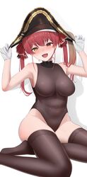  armpits arrow_through_heart bare_arms bare_shoulders bicorne black_hat black_leotard black_thighhighs blush breasts brown_leotard brown_thighhighs collar collarbone covered_navel female frilled_collar frills gloves hands_on_headwear hands_up hat heterochromia highleg highleg_leotard highres hololive houshou_marine houshou_marine_(1st_costume) impossible_clothes impossible_leotard large_breasts leotard long_hair looking_at_viewer no_eyepatch no_shoes open_mouth pirate_hat red_eyes red_hair red_ribbon ribbon see-through see-through_leotard seiza sharp_teeth simple_background sitting smile solo sweat sweatdrop teeth thighhighs tojo_aoi twintails upper_teeth_only virtual_youtuber white_background white_gloves yellow_eyes yokozuwari 