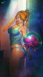  absurdres ass bare_legs blonde_hair blue_eyes blue_panties blue_shirt breasts cleavage commentary creature danderfull english_commentary feet_out_of_frame female hair_ornament hair_scrunchie hand_up highres indoors large_breasts looking_at_another medium_hair metroid metroid_(creature) mole mole_under_mouth open_mouth panties pink_scrunchie ponytail samus_aran scrunchie shirt shower_head sidelocks sign sleeveless sleeveless_shirt smile spaghetti_strap standing tank_top teeth thighs underwear upper_teeth_only 